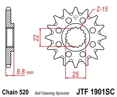 Řetězové kolečko JT JTF 1901-15SC 15 zubů, 520 Samočistící, Nízká hmotnost