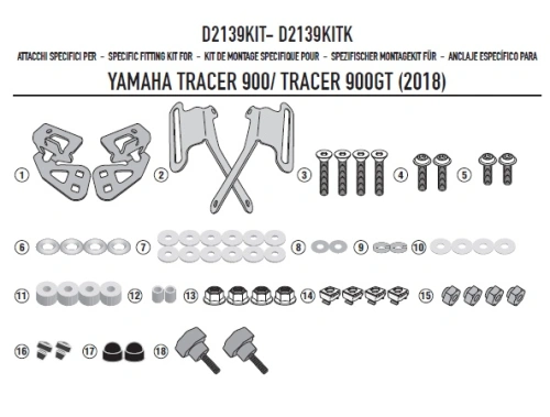 D2139KIT montážní sada Yamaha MT-09 Tracer 900/900GT 850 (18-20) pro plexi 2139DT