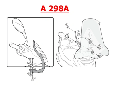 A298A montážní sada SYM HD EVO 125-200 (07-16), Peugeot LXR 125-200 (09-15)  pro plexi 105A a 128A