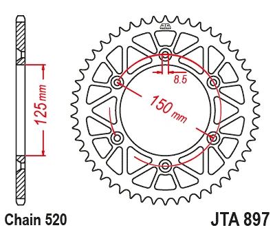 Hliníková řetězová rozeta JT JTA 897-51RED 51 zubů, 520 červená