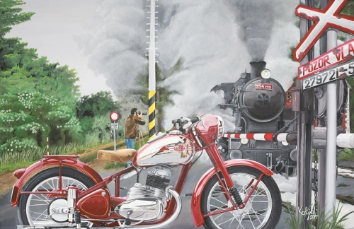Obraz - Jawa 250 pérák - lokomotiva (plátno 120x80 cm)