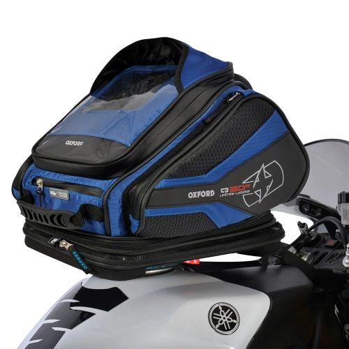 Tankbag na motocykl Q30R QR, OXFORD (černý/modrý, s rychloupínacím systémem na víčka nádrže, objem 30 l)